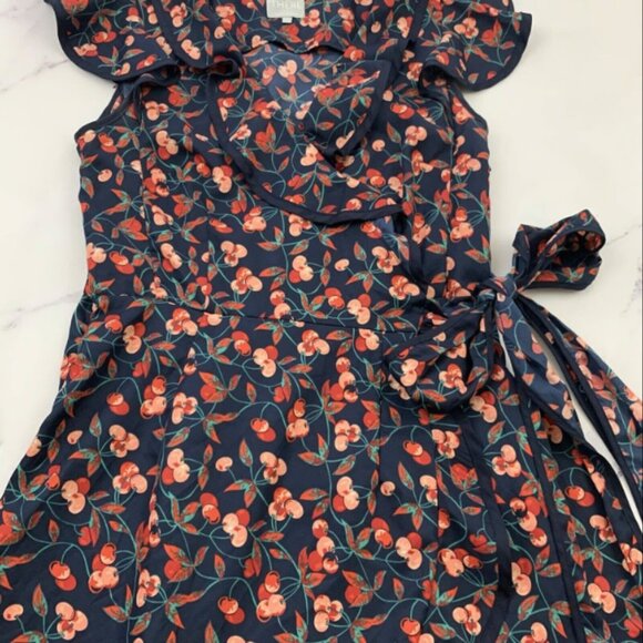 Hi There Karen Walker Wrap Dress Size 4 Blue Red Cherry Print Ruffle Trim Retro - Picture 2 of 4